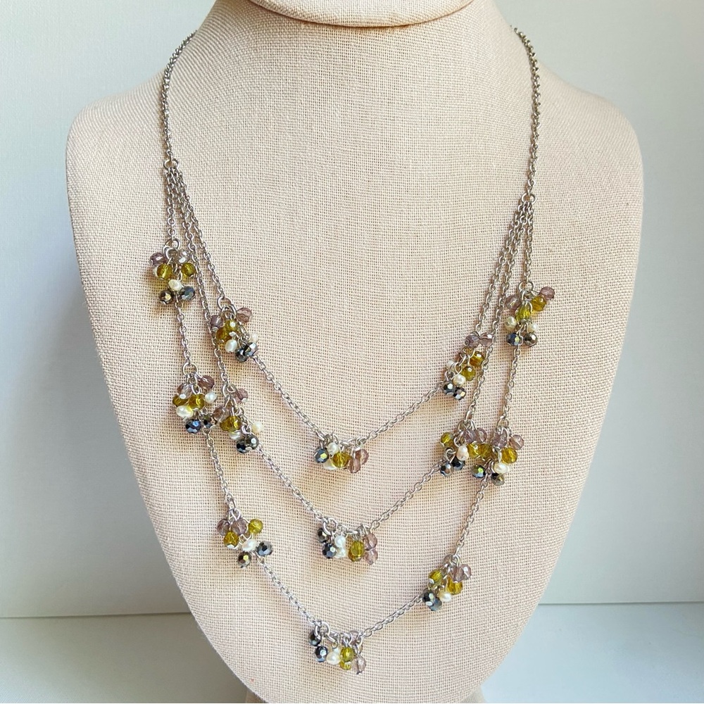 Coldwater Creek cluster necklace with micro pearls glass beads silvertone chains